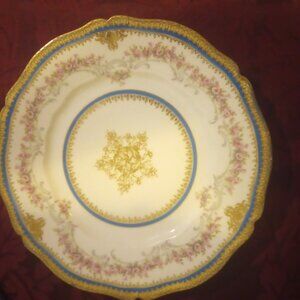 Antique plate pink florals blue and gold trim